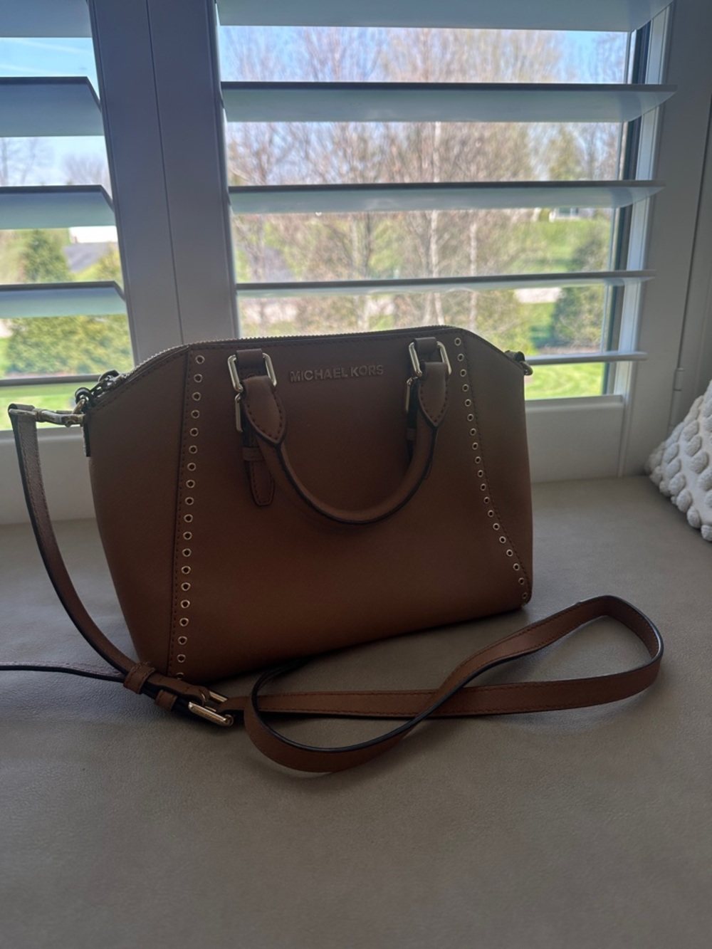 Michael Kors Brown Leather Crossbody with Stud Trim and Crossbody Strap